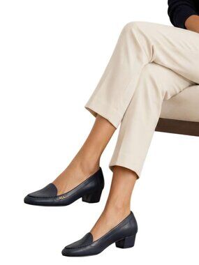 Lauren Ralph Lauren Dark Navy Leather Pumps Gold Logo 2" Block Heel Size 9B